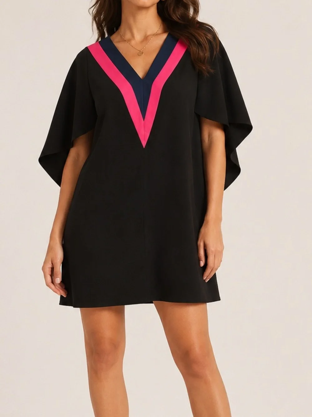 Milly Black Cape Sleeve Shift Dress Pink Teal Trim Size 2